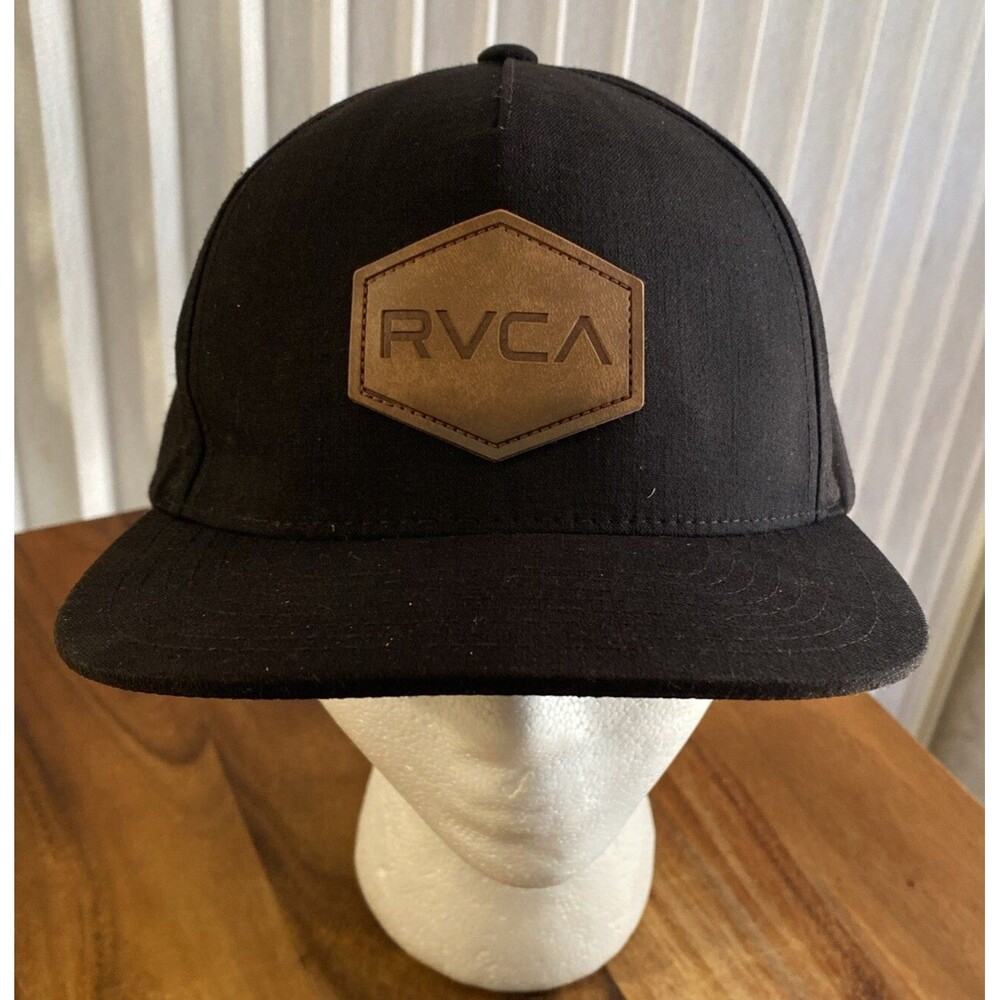 RVCA Snapback Baseball Cap Hat Mens Black Hexagon Leather Logo Patch